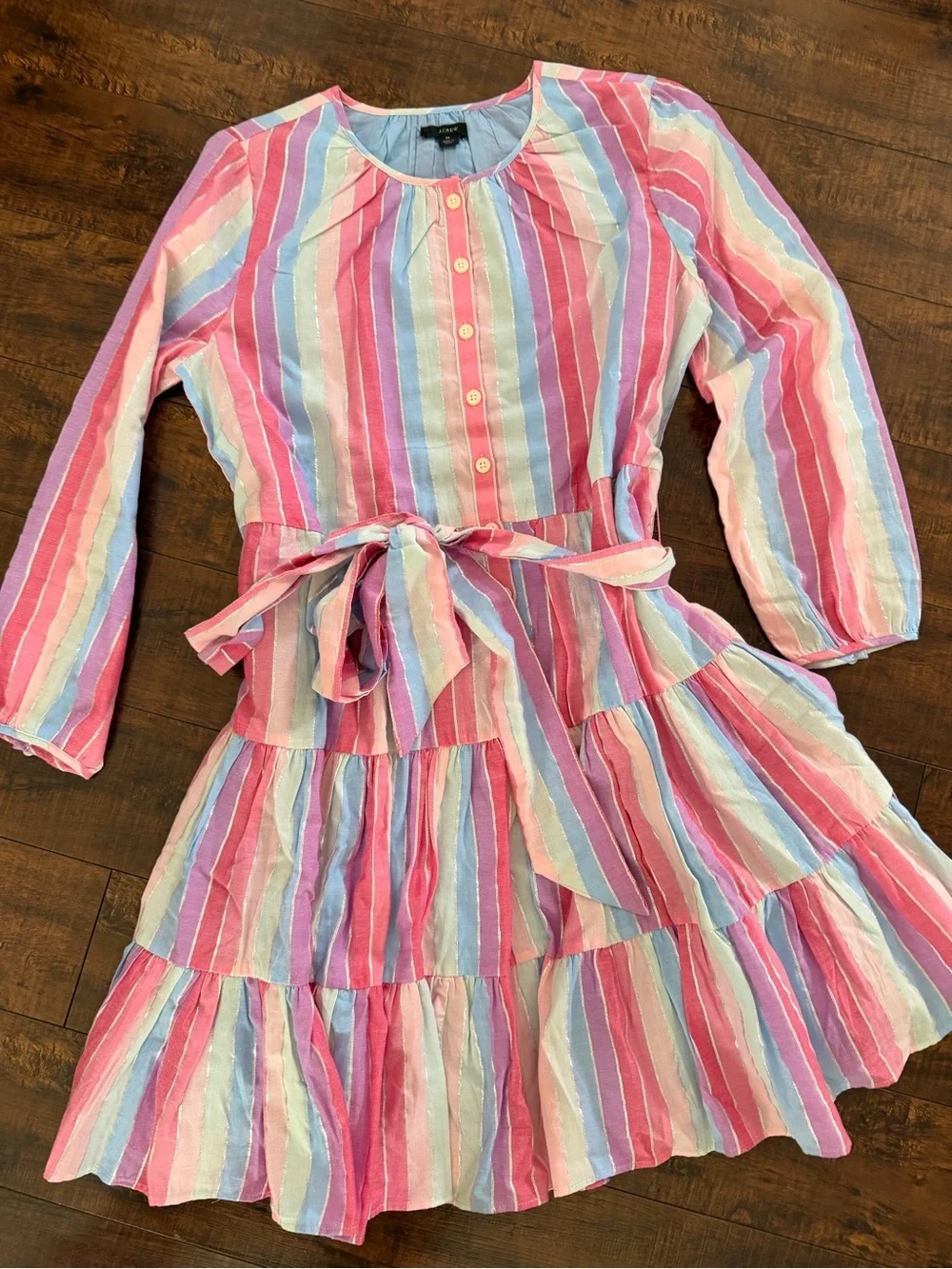 J. Crew Pink and Pastel Striped Long-Sleeve Tiered Dress with Waist Tie